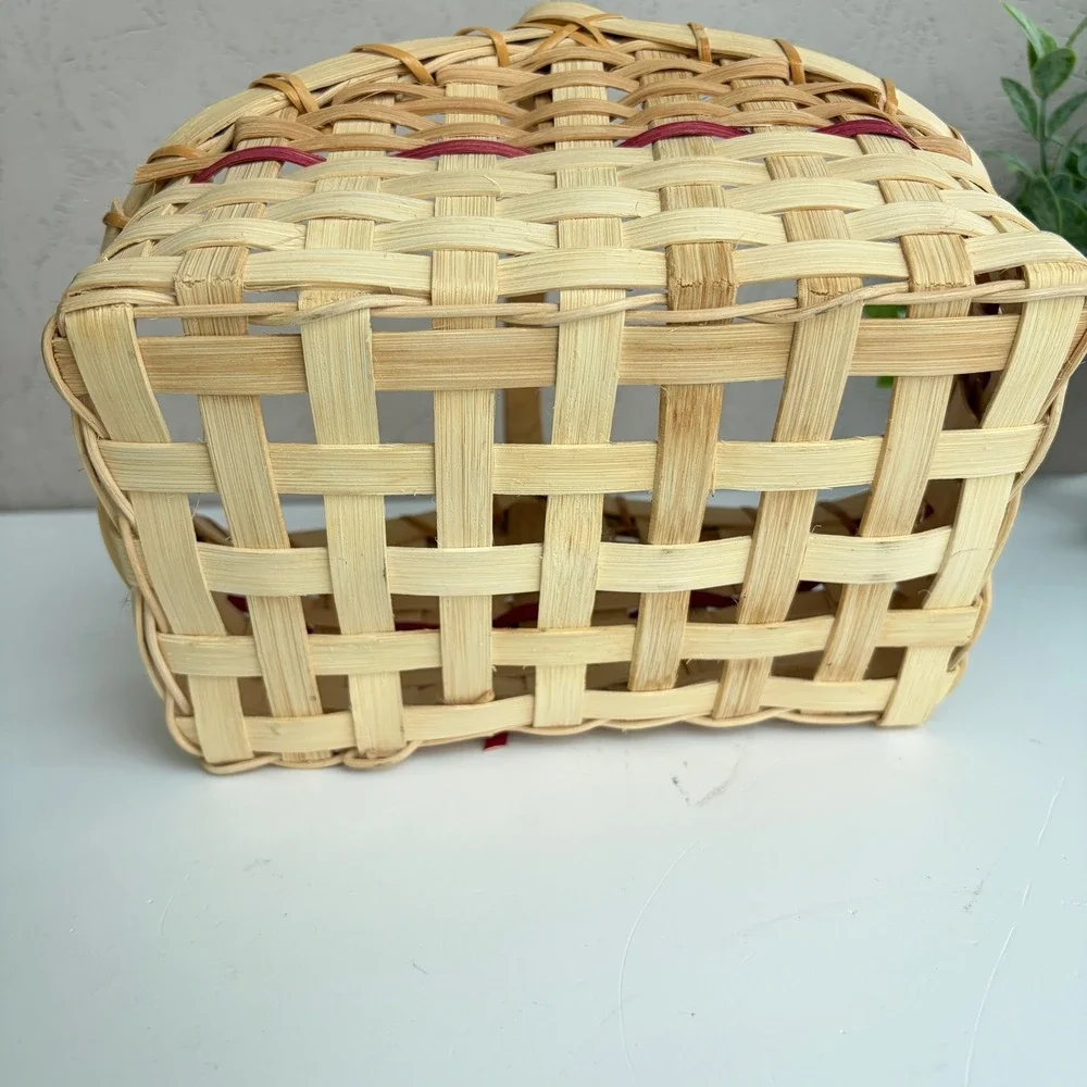 Handwoven Wood Splint Basket with Red Bow and Fixed Handle Natural 8.5 Inch